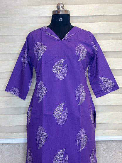 Royal Purple White Paisley Buta Print Soft cotton Kurti with full lining