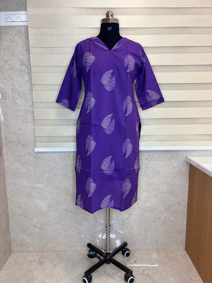 Royal Purple White Paisley Buta Print Soft cotton Kurti with full lining