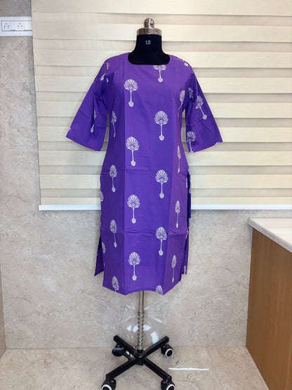 Royal Purple White Fern Leaf Print Soft cotton Kurti with full lining