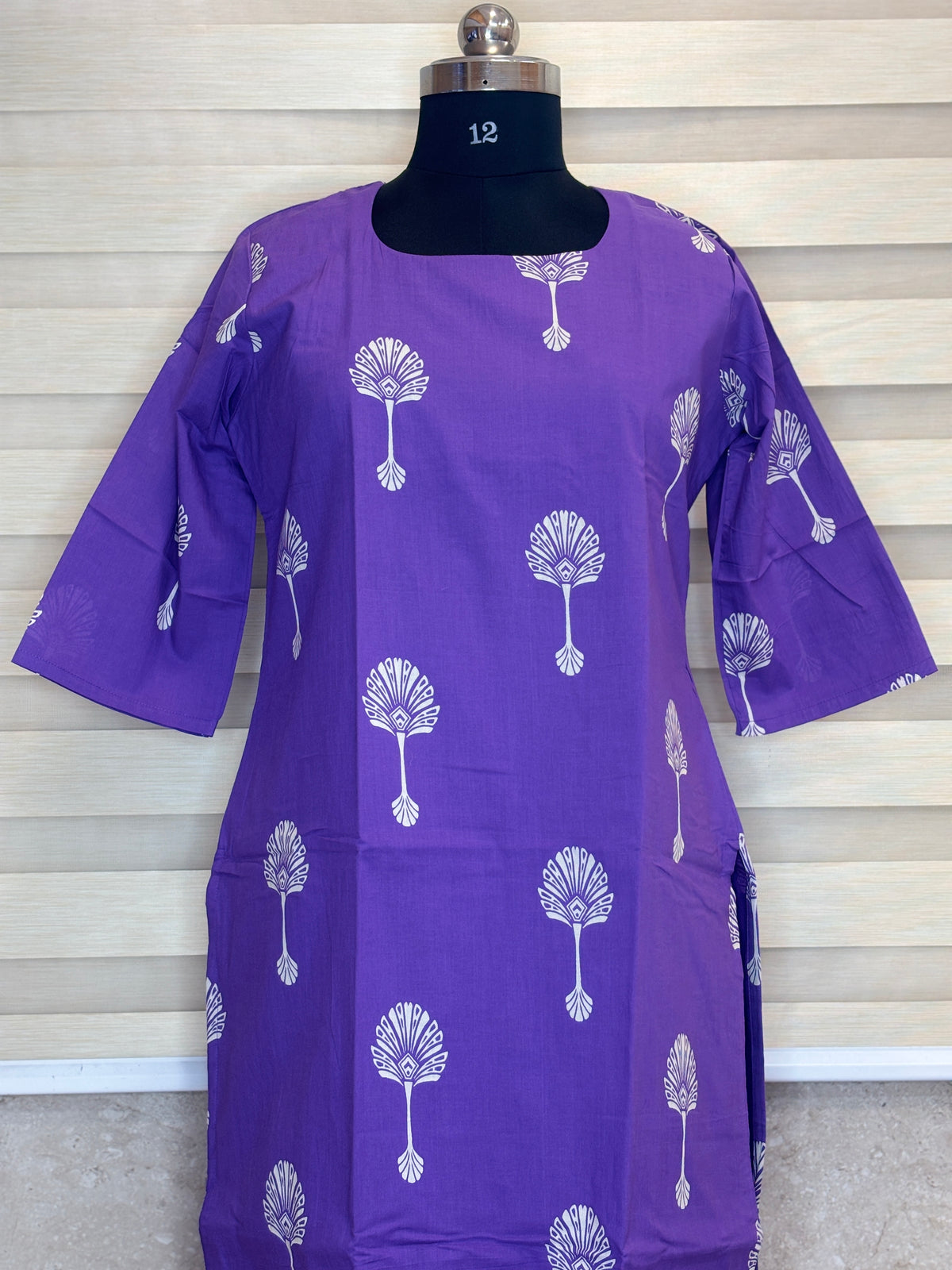 Royal Purple White Fern Leaf Print Soft cotton Kurti with full lining