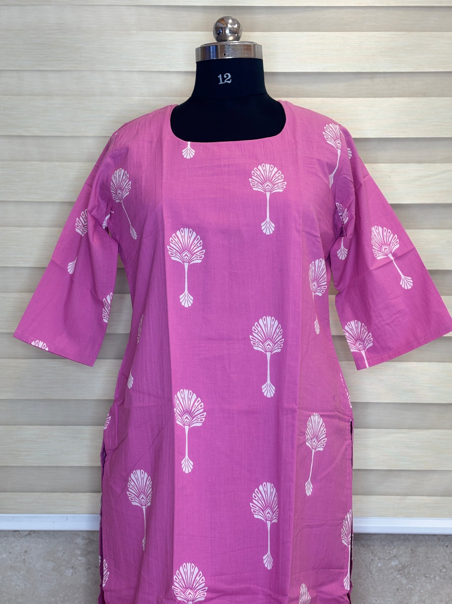 Candy Pink White Palm Bloom Print Soft cotton Kurti with full lining