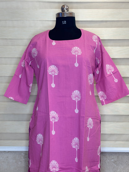 Candy Pink White Palm Bloom Print Soft cotton Kurti with full lining