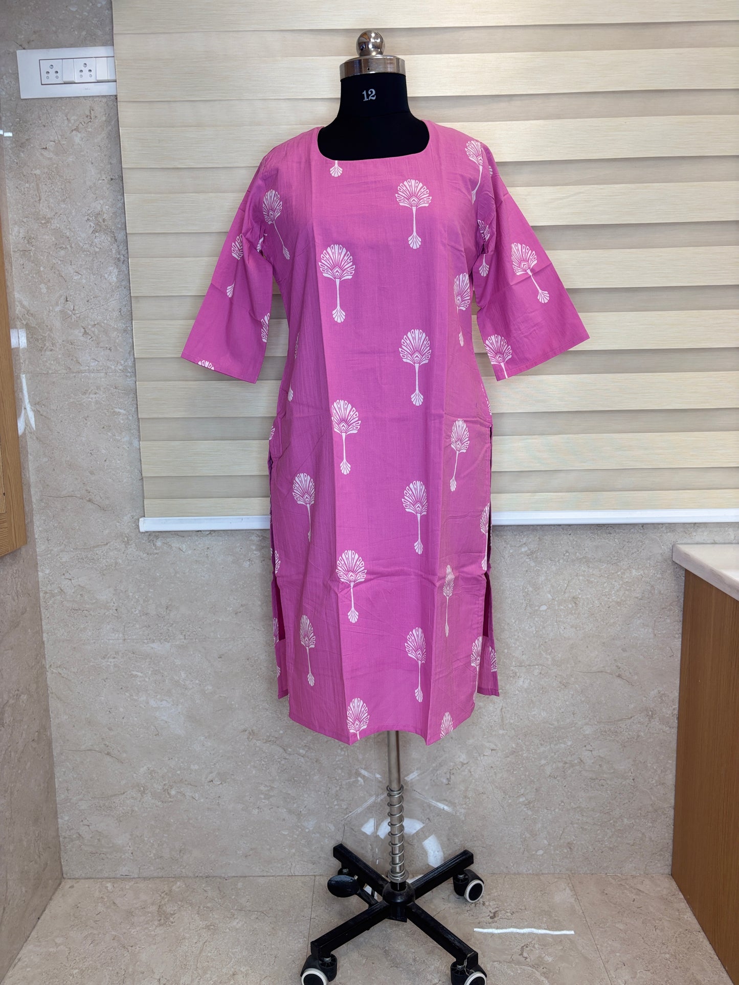 Candy Pink White Palm Bloom Print Soft cotton Kurti with full lining
