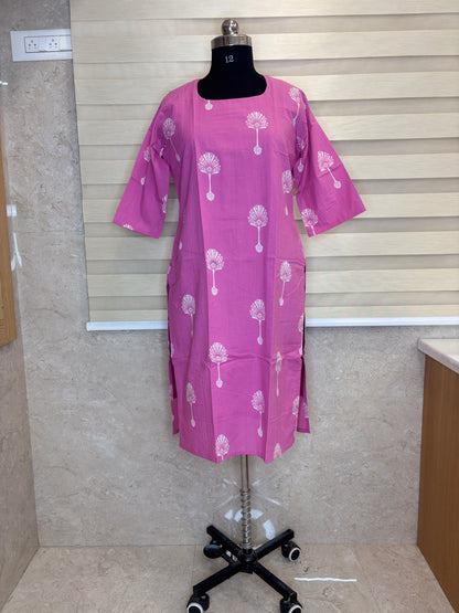 Candy Pink White Palm Bloom Print Soft cotton Kurti with full lining