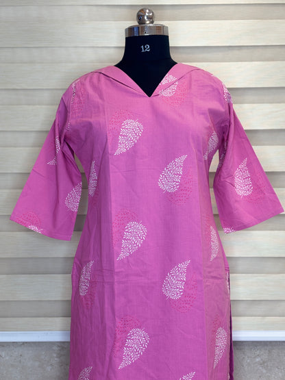 Rani Pink White Paisley Soft cotton Kurti with full lining