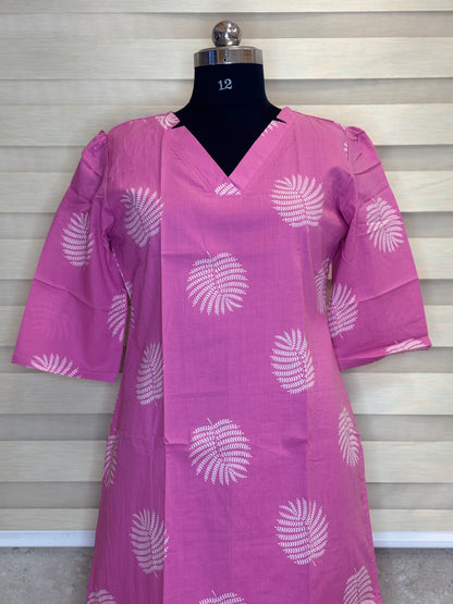 Rani Pink White Fern Leaf Print Soft cotton Kurti with full lining
