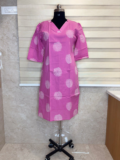 Rani Pink White Fern Leaf Print Soft cotton Kurti with full lining