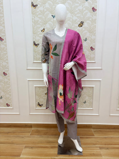 Dusty Mauve & Grey Floral Blended Cotton digital print 3 piece kurta set