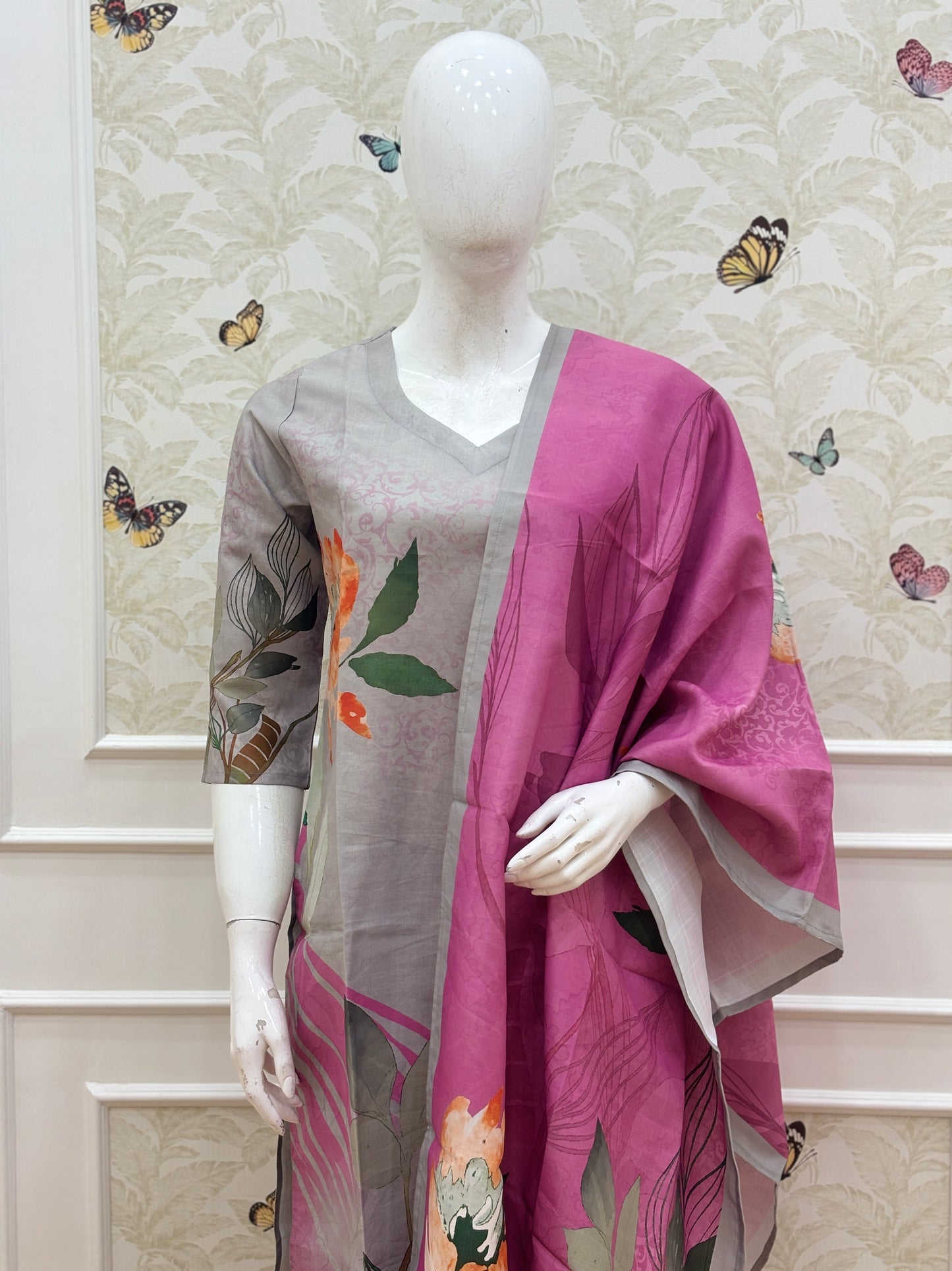 Dusty Mauve & Grey Floral Blended Cotton digital print 3 piece kurta set