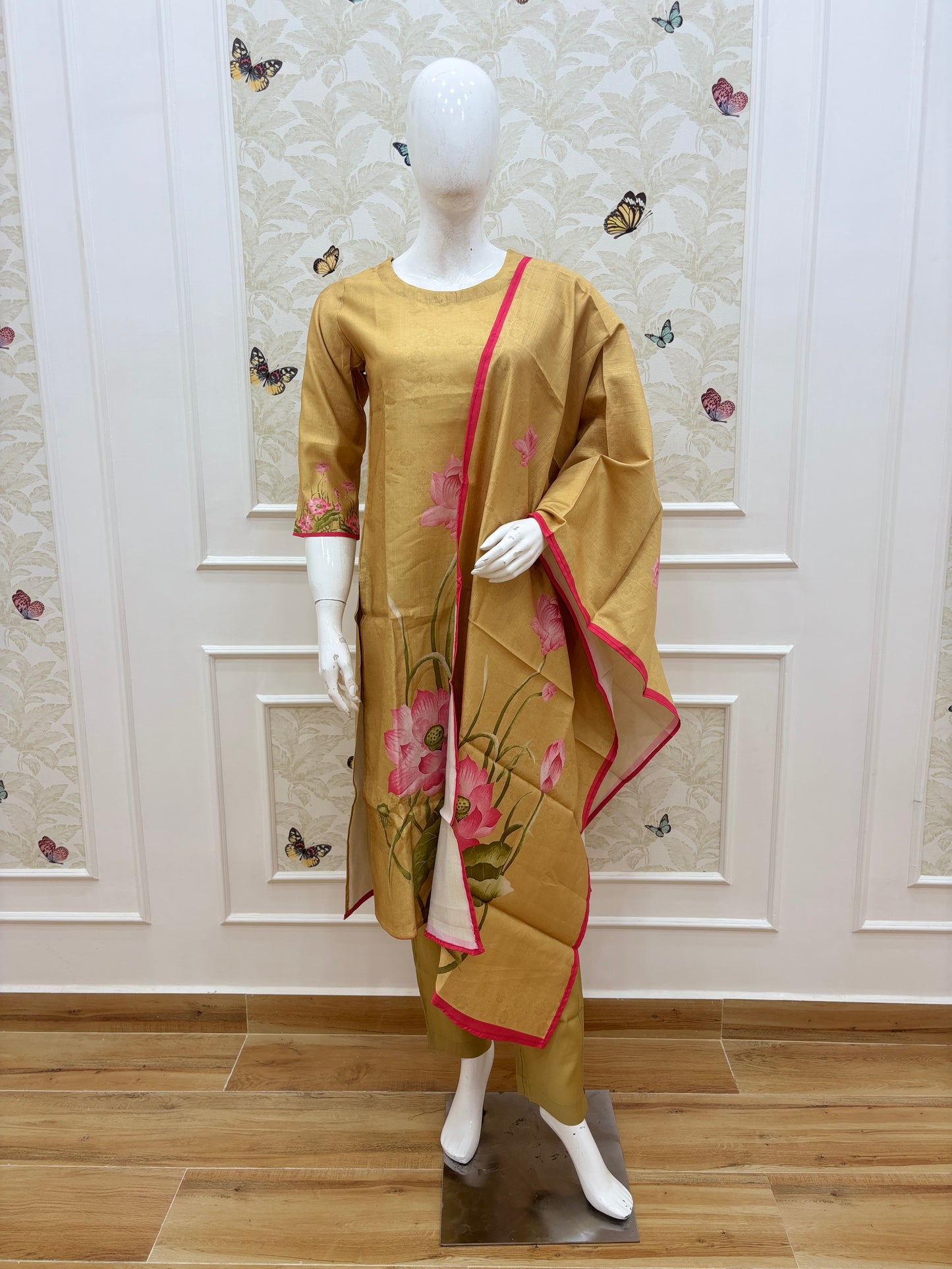 Mustard Yellow Pink Lotus Floral Print Blended Cotton digital print 3 piece kurta set