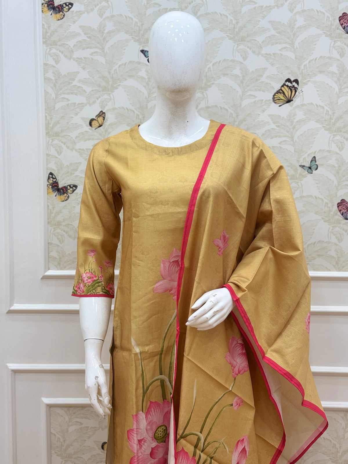 Mustard Yellow Pink Lotus Floral Print Blended Cotton digital print 3 piece kurta set