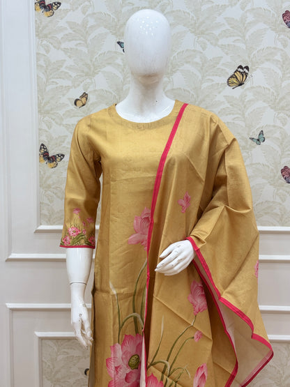 Mustard Yellow Pink Lotus Floral Print Blended Cotton digital print 3 piece kurta set