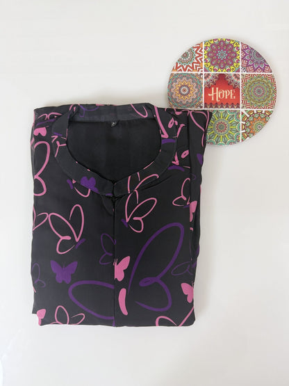 Black with Butterflie's Floral Printed Georgette Center Zip Maxi