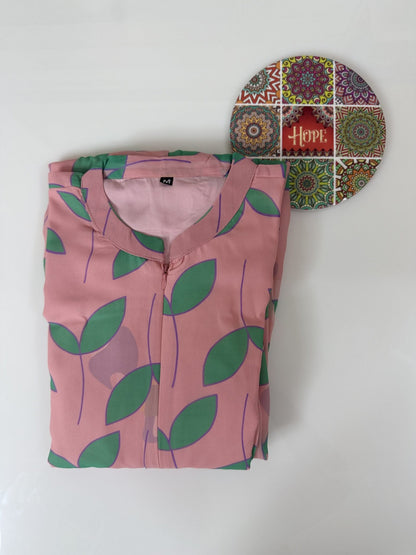 Baby Pink with Leafy Printed Georgette Center Zip Maxi
