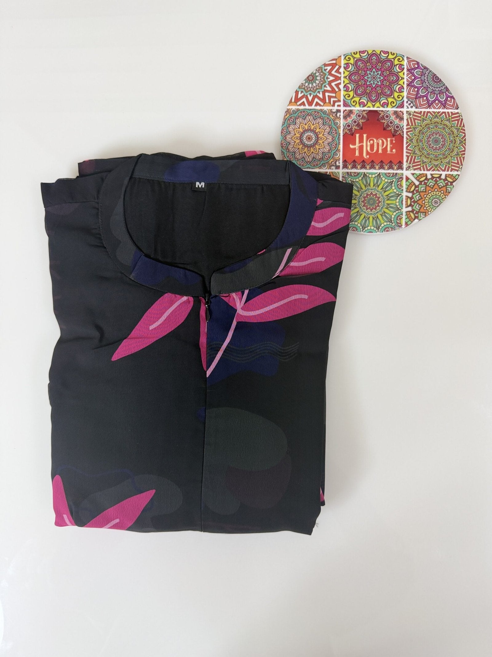 Black with Pink Leafy Printed Georgette Center Zip Maxi