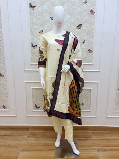 Ivory Cream Abstract Botanical Print Blended Cotton digital print 3 piece kurta set