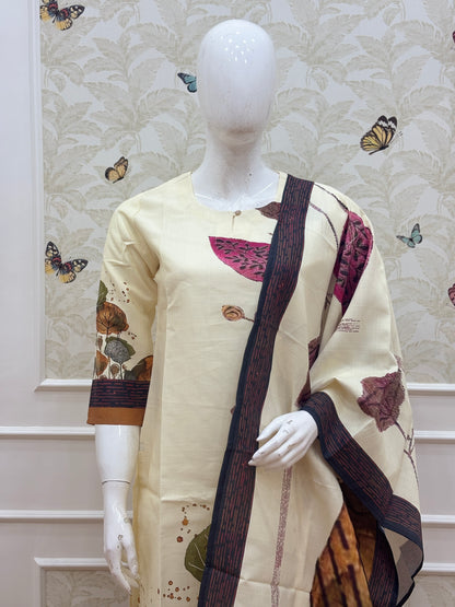 Ivory Cream Abstract Botanical Print Blended Cotton digital print 3 piece kurta set
