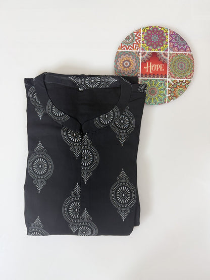 Black with Unique Motifs Printed Georgette Center Zip Maxi