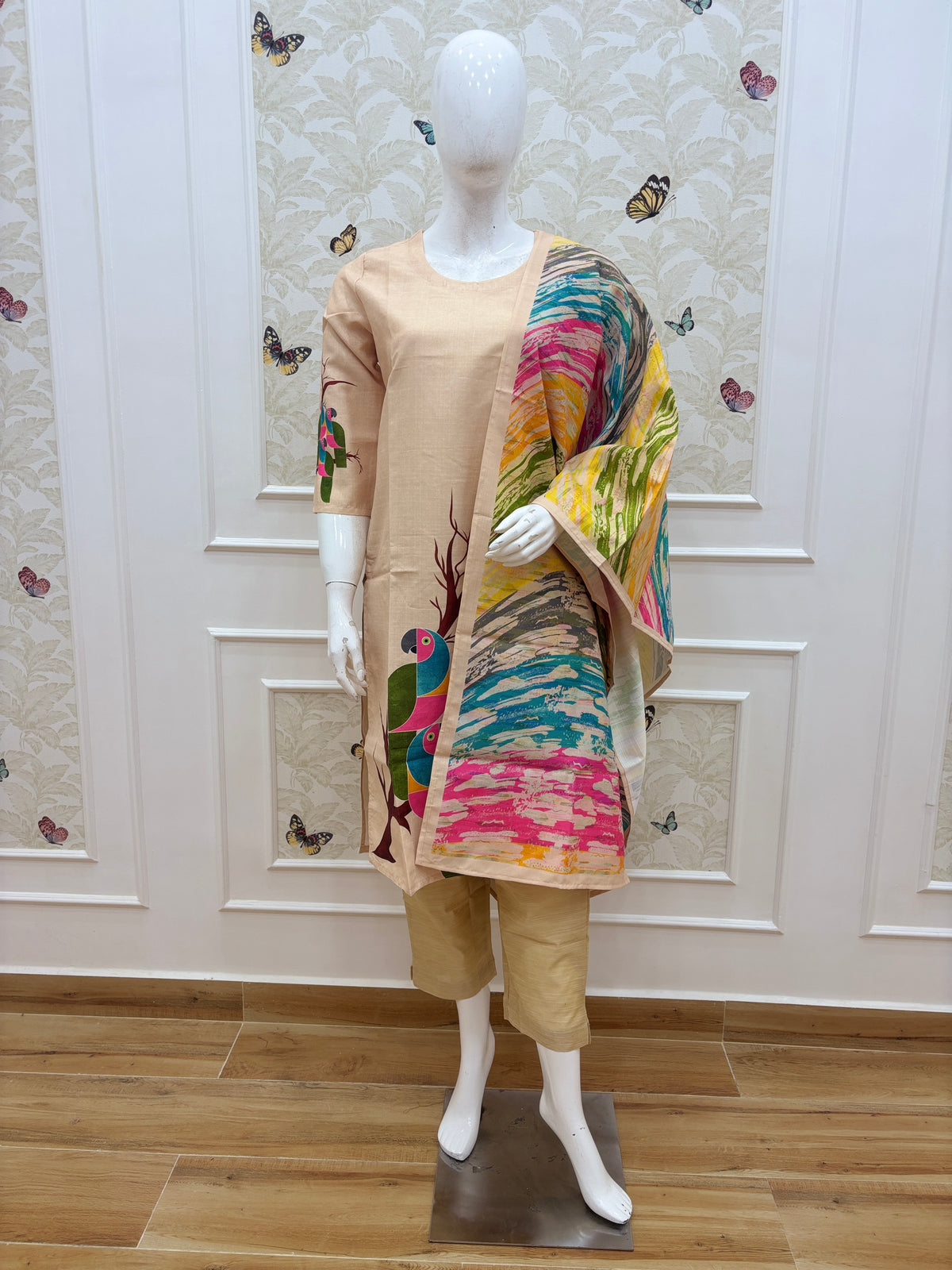 Peach Beige Multicolor Abstract Brushstroke Blended Cotton digital print 3 piece kurta set