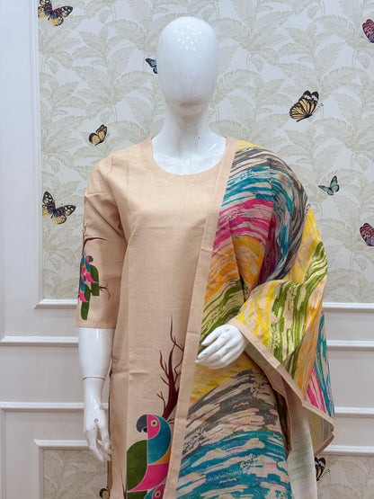 Peach Beige Multicolor Abstract Brushstroke Blended Cotton digital print 3 piece kurta set