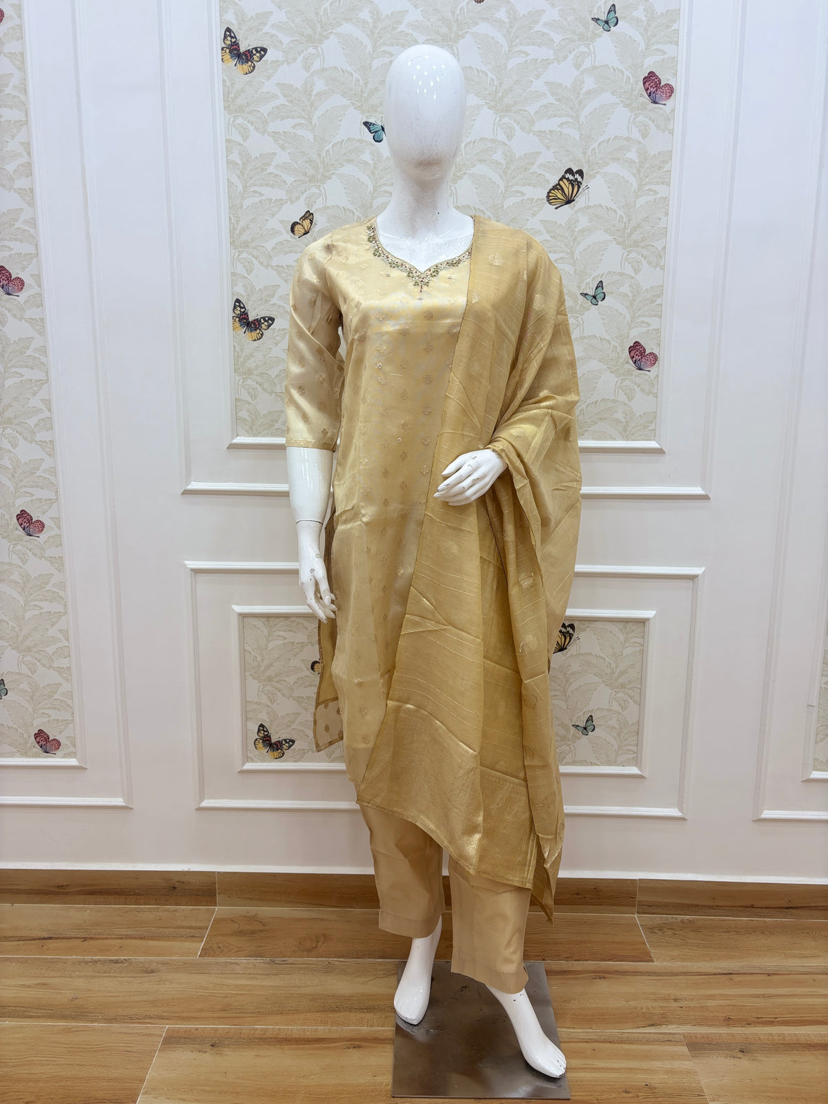 Mustard Gold Elegant silk embroidery 3 piece kurta set