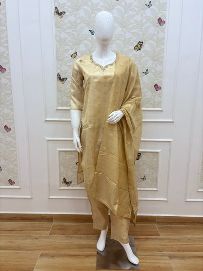 Mustard Gold Elegant silk embroidery 3 piece kurta set