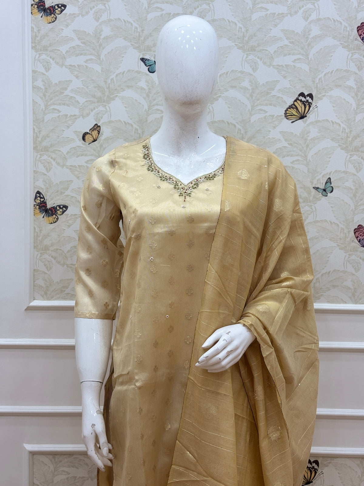 Mustard Gold Elegant silk embroidery 3 piece kurta set
