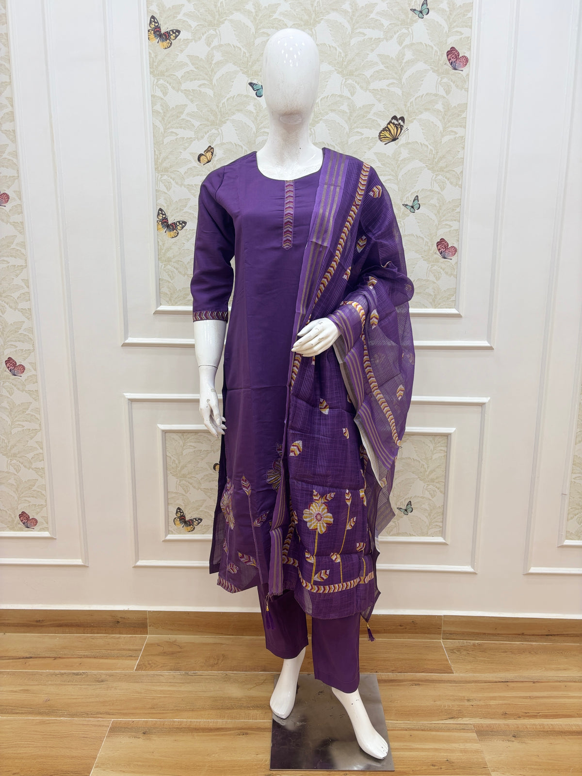 Purple silk cotton 3 piece kurta set