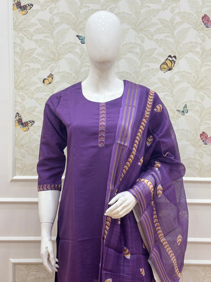 Purple silk cotton 3 piece kurta set