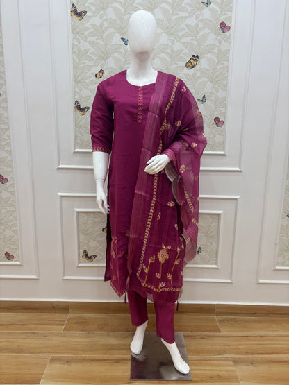 Maroon silk cotton 3 piece kurta set