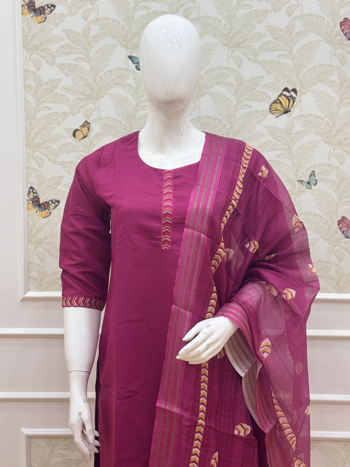 Maroon silk cotton 3 piece kurta set