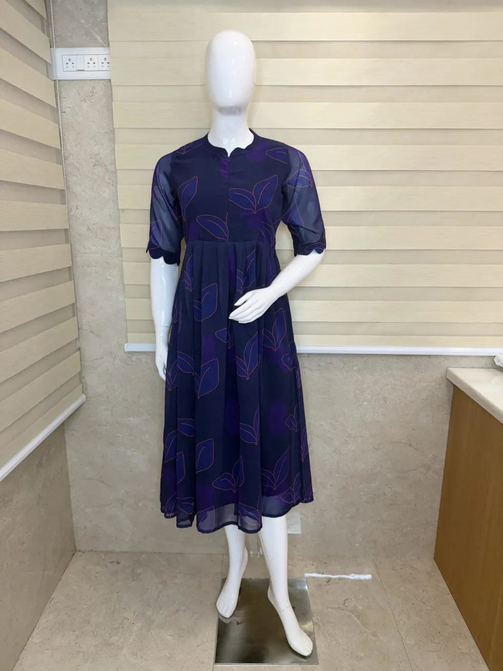 Navy Blue with Blue Leafy Printed Georgette Center Zip Maxi