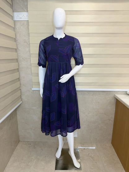 Navy Blue with Blue Leafy Printed Georgette Center Zip Maxi