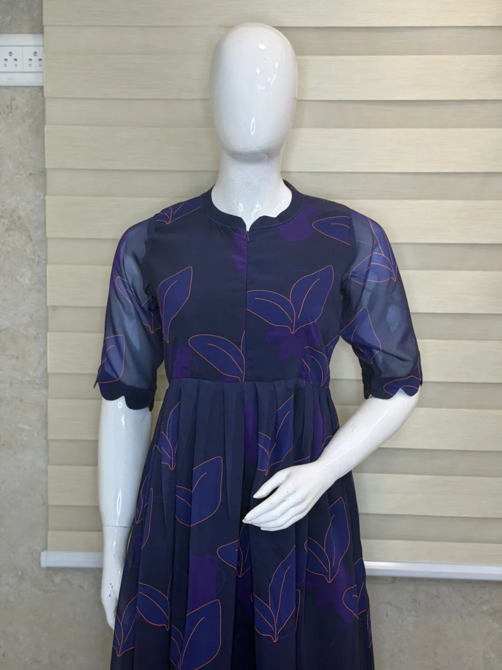 Navy Blue with Blue Leafy Printed Georgette Center Zip Maxi
