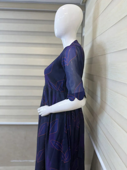 Navy Blue with Blue Leafy Printed Georgette Center Zip Maxi