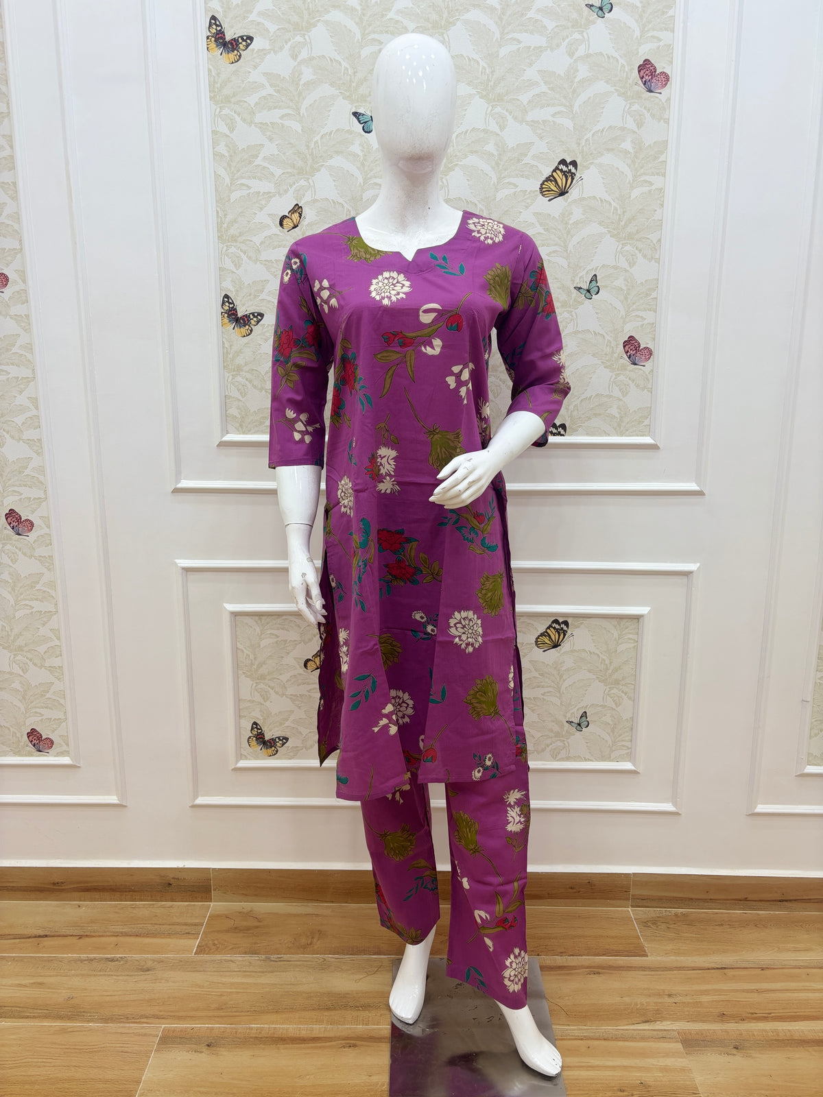 Berry Purple Floral Printed Kurti Set