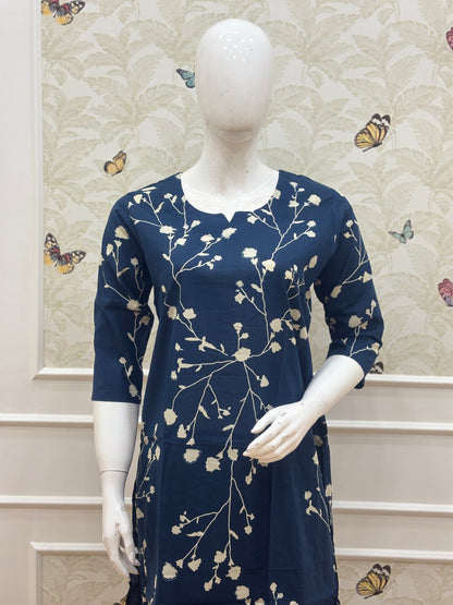 Navy Blue Floral Branch Print Kurti Set