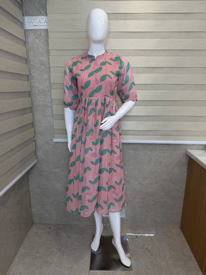 Baby Pink with Leafy Printed Georgette Center Zip Maxi