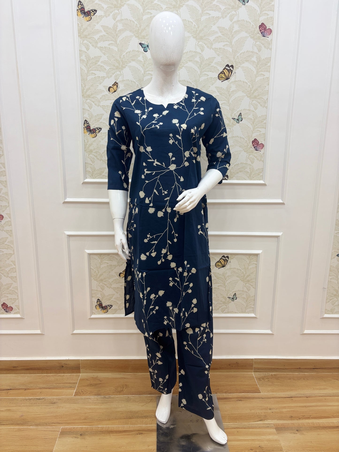 Navy Blue Floral Branch Print Kurti Set