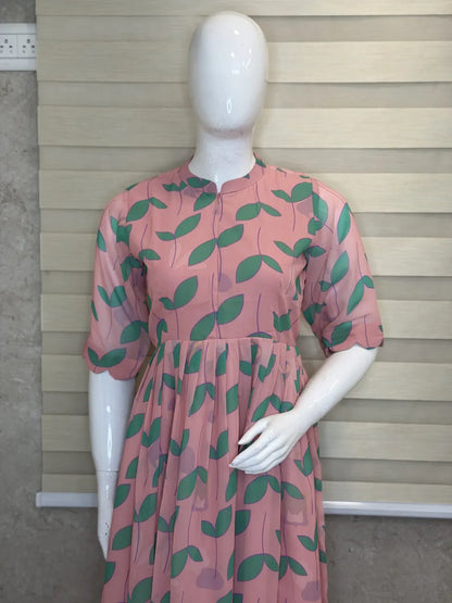 Baby Pink with Leafy Printed Georgette Center Zip Maxi
