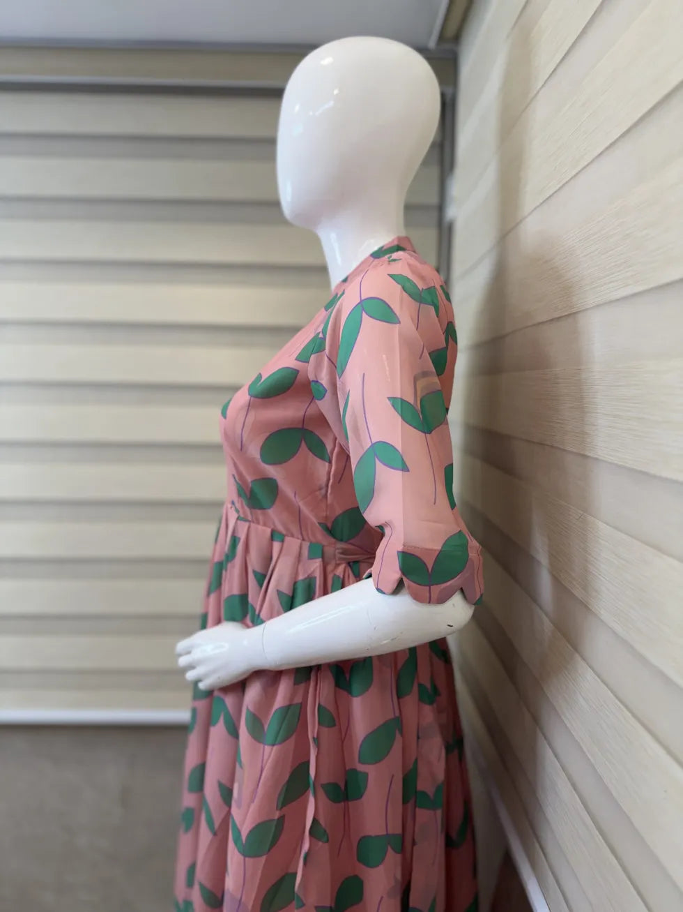 Baby Pink with Leafy Printed Georgette Center Zip Maxi