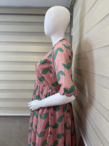 Baby Pink with Leafy Printed Georgette Center Zip Maxi