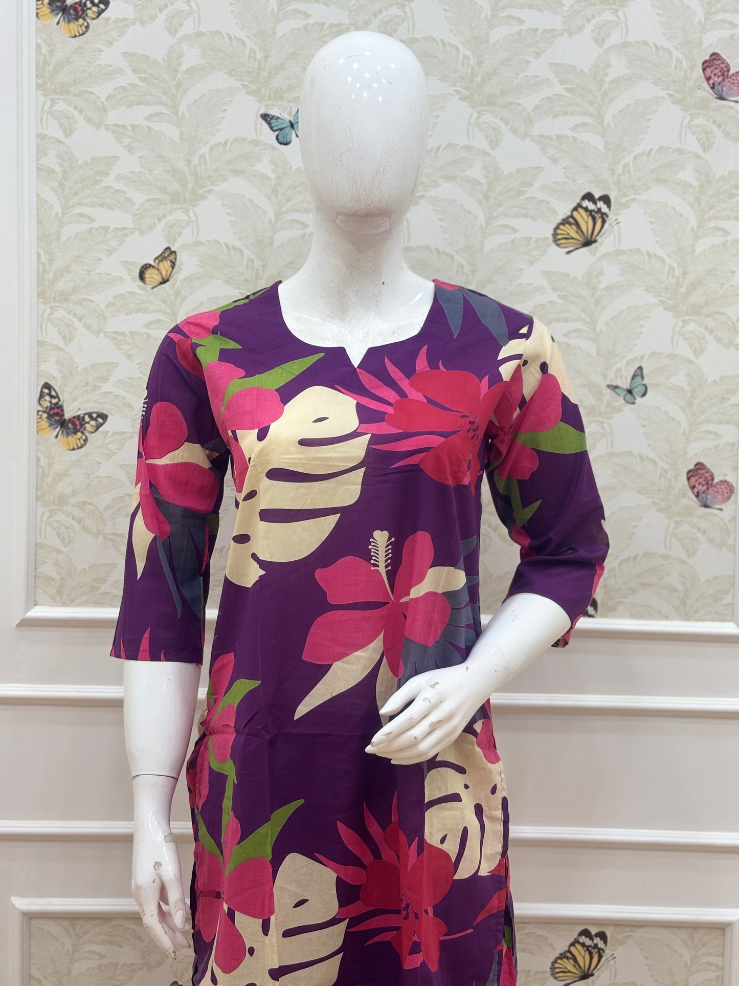 Plum Purple Tropical Floral Printed Kurti Set