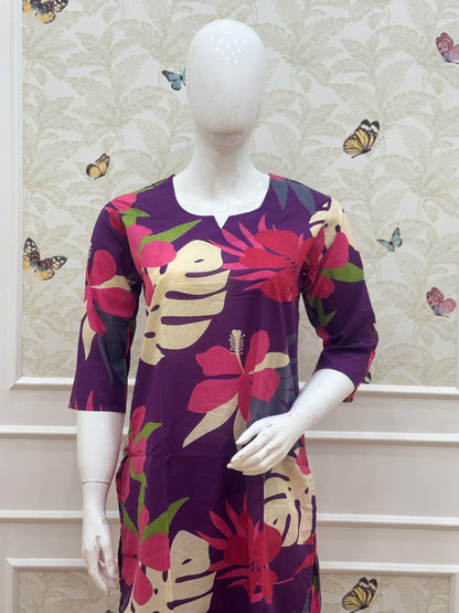 Plum Purple Tropical Floral Printed Kurti Set
