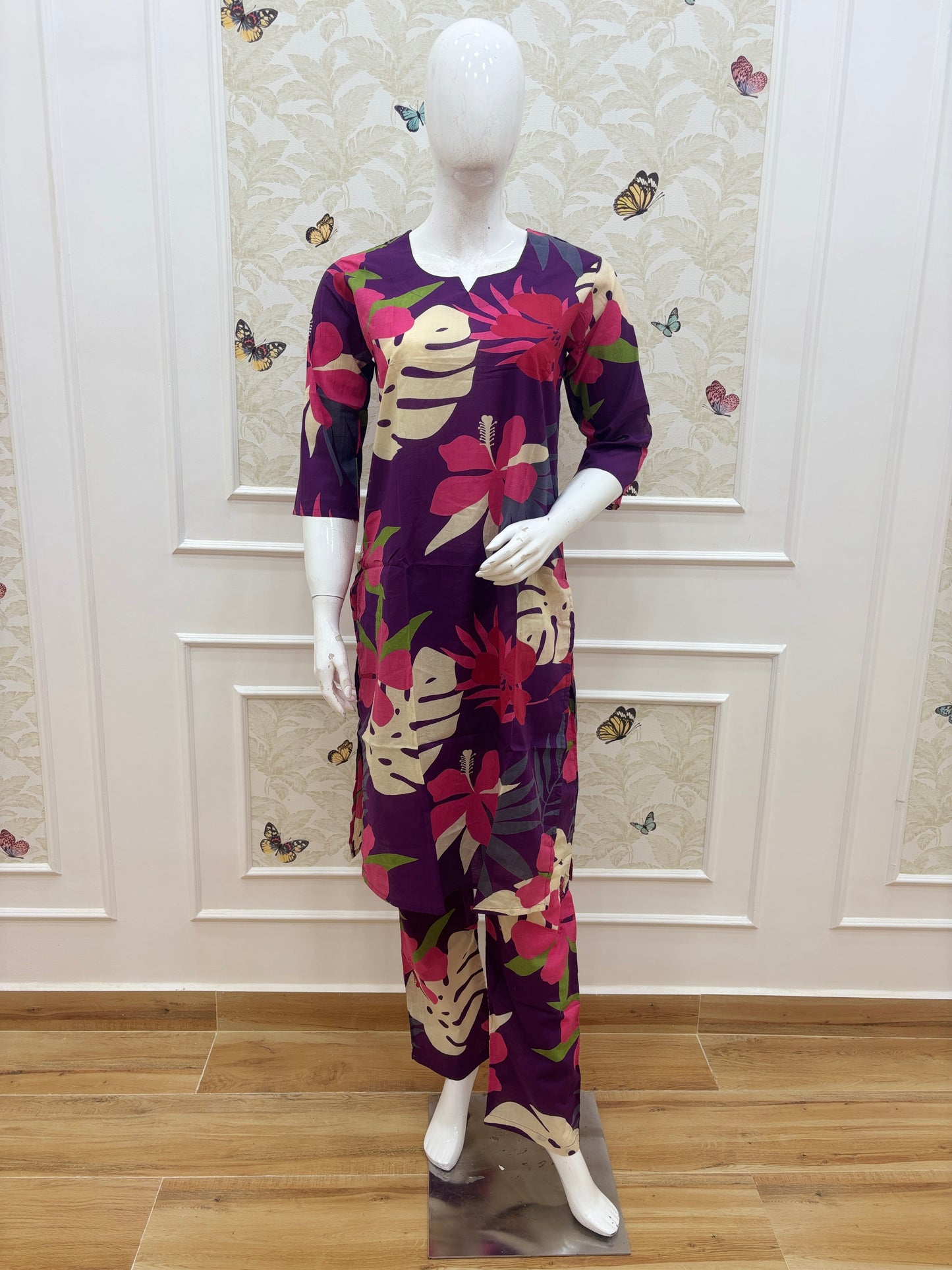 Plum Purple Tropical Floral Printed Kurti Set