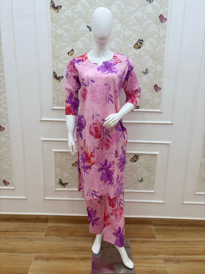 Pink Floral Printed Kurti Set