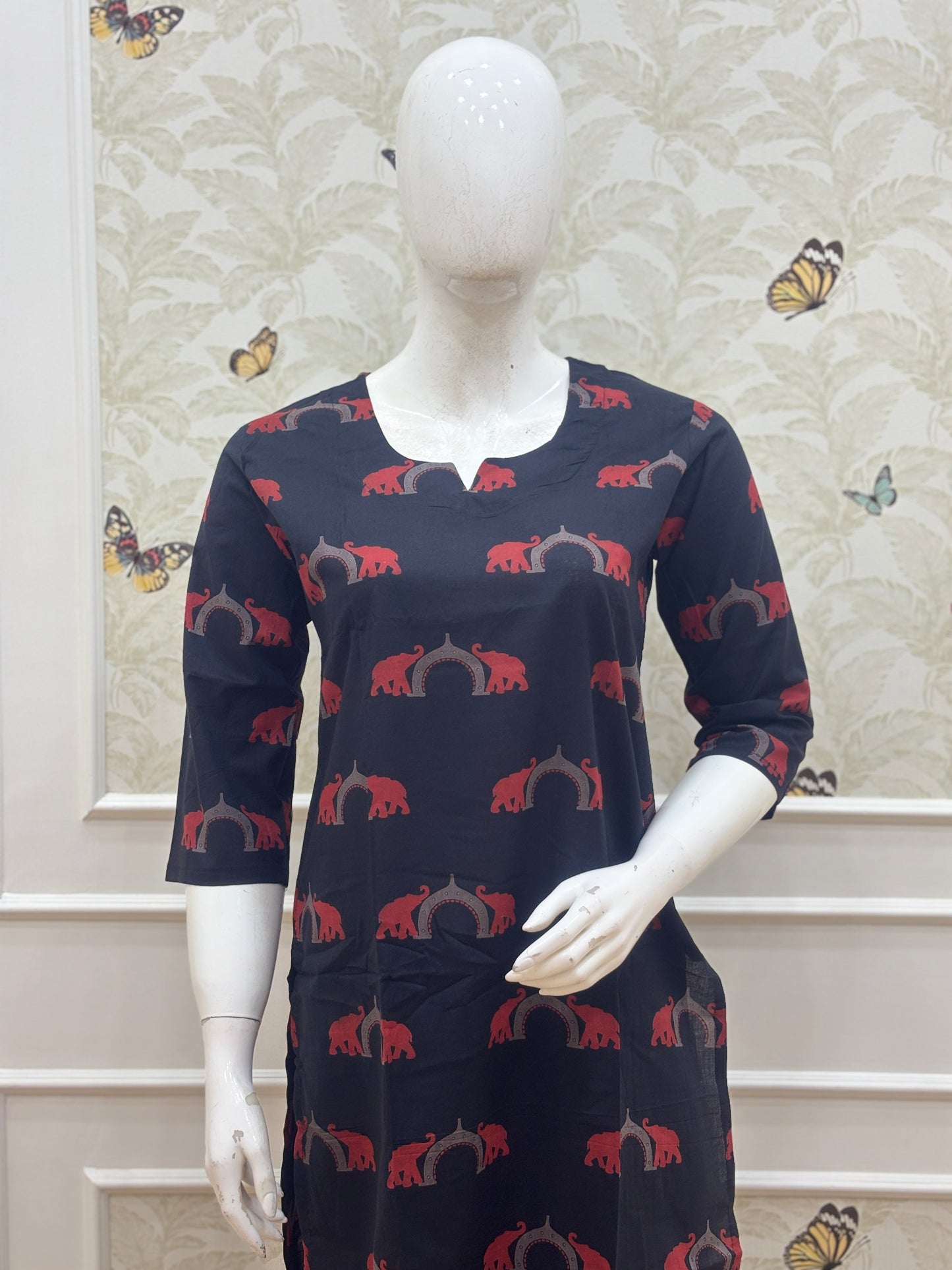 Black & Red Elephant Print Kurti Set