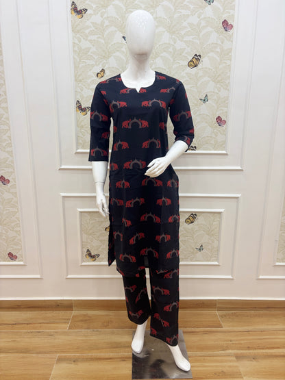 Black & Red Elephant Print Kurti Set