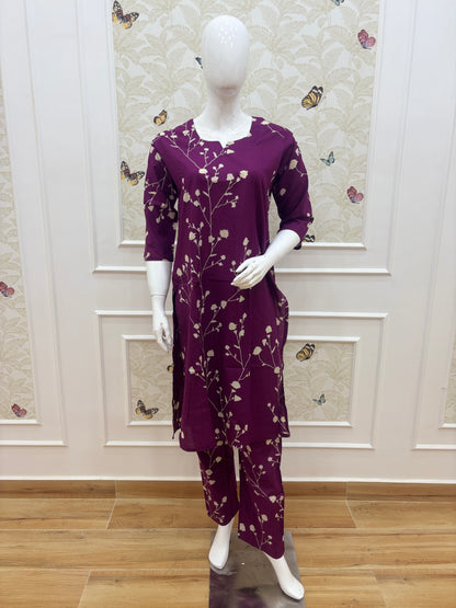 Deep Plum Floral Printed Kurti Set