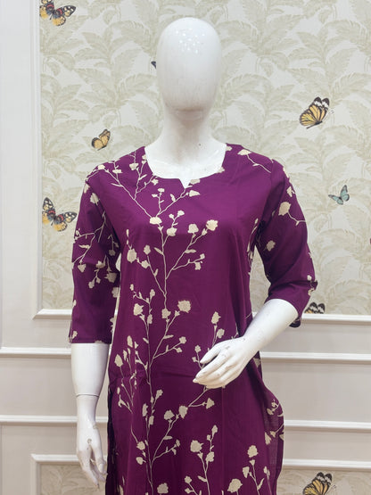Deep Plum Floral Printed Kurti Set